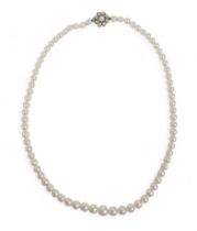 A single string graduating pearl necklace with a 9ct yellow gold clasp, pearls graduating from 5mm