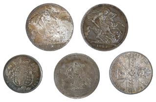 A group of five British silver coins, comprising a George III crown 1819, a George VI half crown