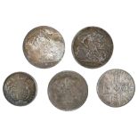 A group of five British silver coins, comprising a George III crown 1819, a George VI half crown