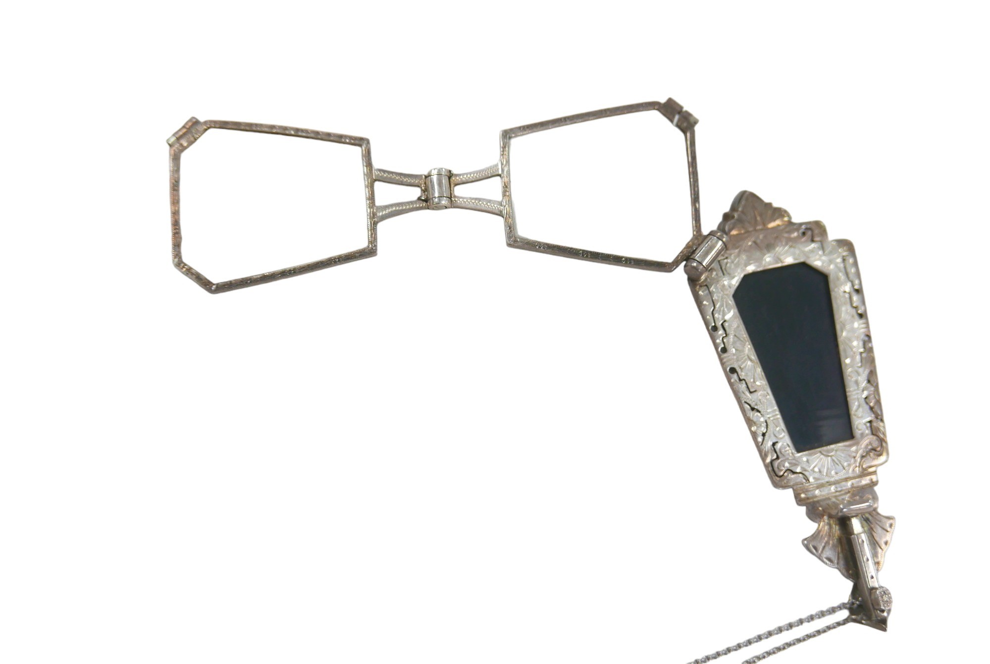 A white metal and dark stone inlaid lorgnette, inset with metal illusion stones with retractable - Image 3 of 4