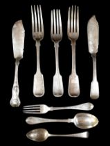 A group of assorted silver cutlery, including three forks, London 1871, two Victorian silver fish