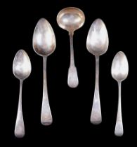 A group of five silver spoons, comprising two large serving spoons S.B / I.B, London 1814, small