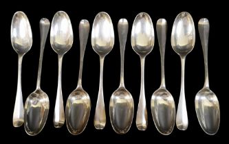 Nine George ll Scottish sliver table spoons, Hugh Gordon, Edinburgh 1750/51, together with a similar