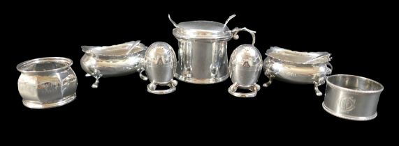 A group of silver items, including a Mappin and Webb mustard, total silver weight 8.0toz. (10)