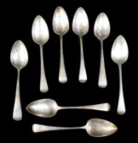 A group of eight George III silver dessert spoons, engraved terminals with initials GC, Richard