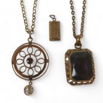 A 9ct gold and ruby circular pendant, on thin gold chain, plus a small 9kt gold ingot pendant, 0.7g,