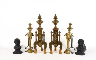 THREE PAIRS OF BRASS ANDIRONS AND ANOTHER CAST-IRON PAIR (8)