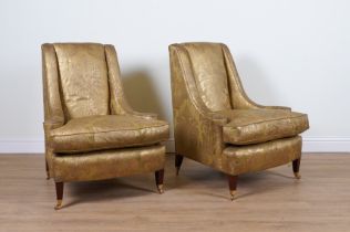 DUDGEON LONDON; A PAIR OF FLORAL PATTERN GOLD UPHOLSTERED SQUARE BACK EASY ARMCHAIRS (2)