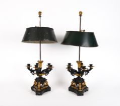 A PAIR OF FRENCH GILT AND PATINATED BRONZE FIVE LIGHT CANDELABRA (2)