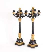 A PAIR OF RESTAURATION STYLE GILT AND PATINATED BRONZE FIVE LIGHT CANDELABRA (2)