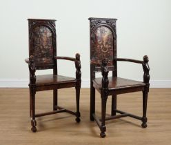 A NEAR PAIR OF 17TH CENTURY AND LATER FRENCH WALNUT CAQUETEUSE OPEN ARMCHAIRS (2)