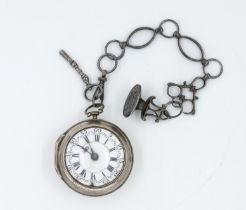 A SILVER PAIR CASED, KEY WIND, OPENFACED POCKET WATCH, WITH CHAIN, KEY AND SEAL