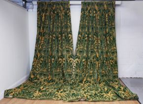 THREE PAIRS OF GREEN VELVET DAMASK CURTAINS (6)