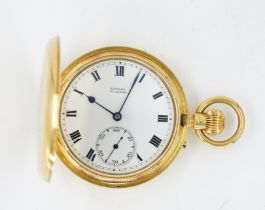 AN 18CT GOLD CASED, KEYLESS WIND, HUNTING CASED GENTLEMAN'S POCKET WATCH