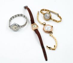 THREE LADY'S 9CT GOLD CASED WRISTWATCHES AND ANOTHER LADY'S WRISTWATCH (4)