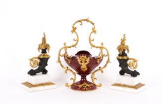 A FRENCH LOUIS XVI STYLE GILT-METAL AND RED TOLE MOUNTED CENTREPIECE OR BASKET (3)