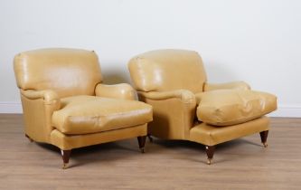 A PAIR OF HOWARD AND SON STYLE LIGHT TAN LEATHER UPHOLSTERED EASY ARMCHAIRS (2)