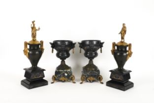 A PAIR OF FRENCH GILT AND PATINATED BRONZE MOUNTED URNS AND COVERS WITH GOD AND GODDESS...