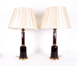 A PAIR OF RUBY COLOURED GLASS OCTAGONAL COLUMN TABLE LAMPS (2)