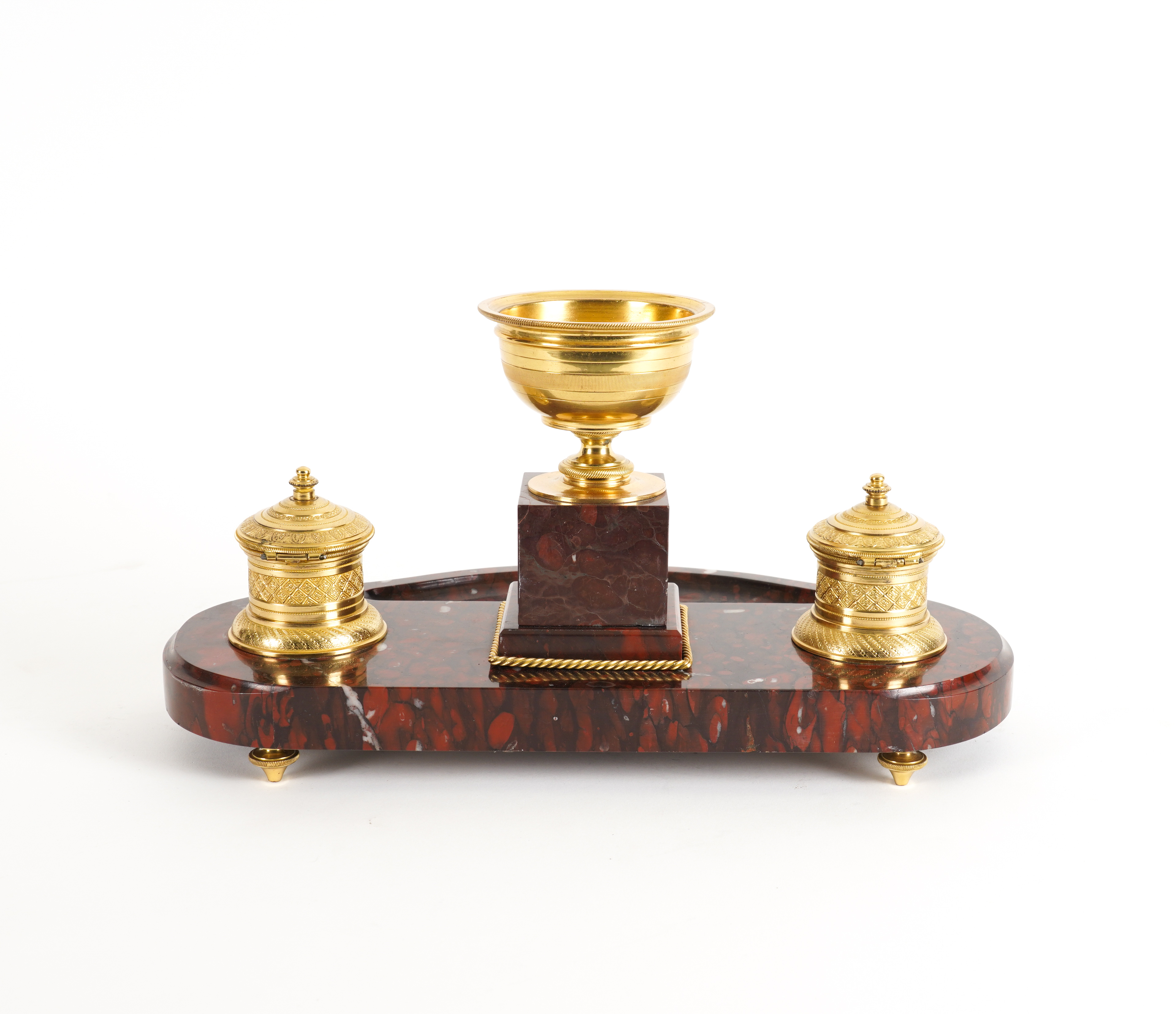 A LOUIS XVI STYLE GILT-METAL MOUNTED ROUGE GRIOTTE MARBLE INKSTAND - Image 4 of 4