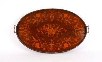 A MAHOGANY MARQUETRY TWIN-HANDLED OVAL TRAY