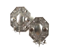 A PAIR OF SILVERED METAL TWIN-LIGHT GIRANDOLES (2)