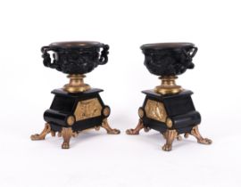 A PAIR OF FRENCH PATINATED BRONZE AND GILT-METAL MOUNTED WARWICK VASES AFTER THE ANTIQUE (2)