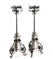 A PAIR OF WROUGHT IRON FLOOR STANDING TORCHERES OR LIGHTS (2)