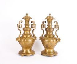 A PAIR OF FRENCH BARBEDIENNE STYLE GILT-BRONZE ORNAMENTAL URNS (2)