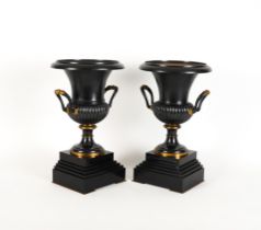 A PAIR OF BRONZE PATINATED AND GILT MOUNTED TWIN-HANDLED URNS (2)