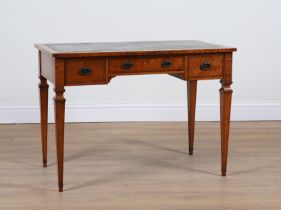 A LATE 19TH CENTURY LINE INLAID SATINWOOD THREE DRAWER WRITING DESK