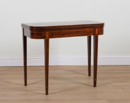 A GEORGE III SATINWOOD AND KINGWOOD BANDED, MAHOGANY D-SHAPED FOLDOVER CARD TABLE