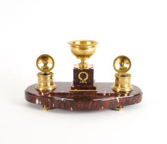 A LOUIS XVI STYLE GILT-METAL MOUNTED ROUGE GRIOTTE MARBLE INKSTAND