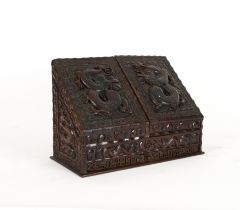 A LATE 19TH CENTURY CENTURY CHINESE EXPORT CARVED SLOPE FRONT STATIONERY BOX