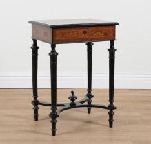 A 19TH CENTURY FRENCH MARQUETRY INLAID MAHOGANY AND AMBOYNA LIFT TOP WORK TABLE