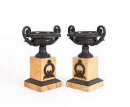 A PAIR OF FRENCH GRAND TOUR BRONZE AND SIENA MARBLE MOUNTED TAZZE (2)