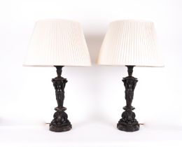 A PAIR OF REGENCY STYLE PATINATED BRONZE CARYATID TABLE LAMPS (2)