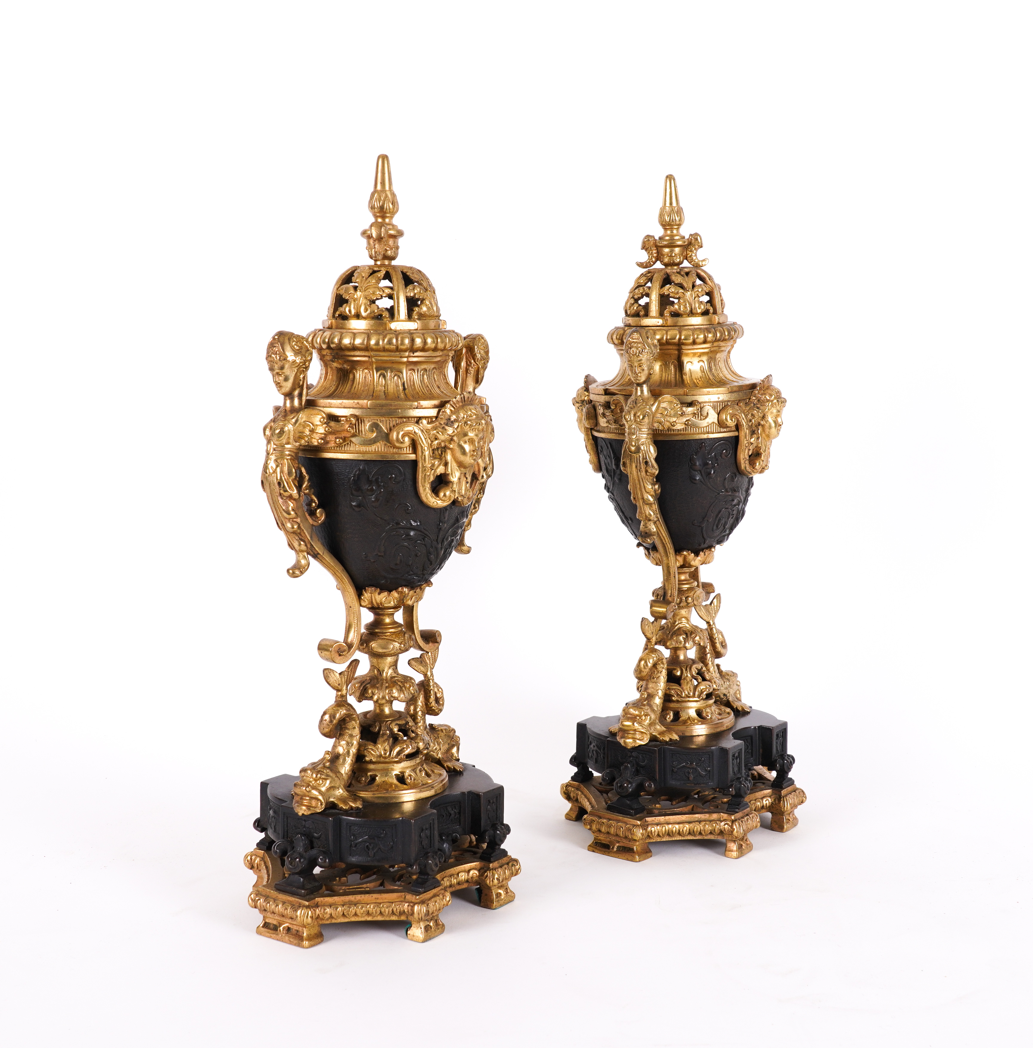A PAIR OF REGENCE STYLE GILT AND PATINATED METAL ORNAMENTAL URNS OR PERFUME BURNERS (2) - Image 2 of 2