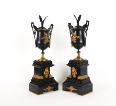 A PAIR OF FRENCH GILT AND BRONZE PATINATED METAL ORNAMENTAL URNS OR CASSOLETTE (2)