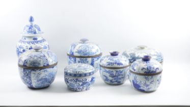 A GROUP OF SEVEN CHINESE BLUE AND WHITE COVERED TUREENS AND A COVERED BALUSTER JAR (7)