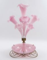 A LATE VICTORIAN PINK GLASS TRUMPET VASE CENTREPIECE OR EPERGNE