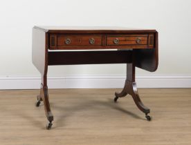 A GEORGE III COROMANDEL BANDED MAHOGANY TWO DRAWER SOFA TABLE