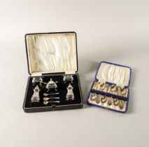 A SILVER CRUET SET AND A SET OF SIX SILVER COFFEE SPOONS (2)
