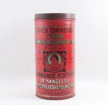 A LARGE BELGIAN RED TOLE ‘CAFES TORREFIES’ COFFEE CAN