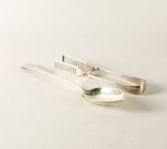 A PAIR OF SILVER ASPARAGUS SERVING TONGS AND A SILVER STUFFING SPOON (2)