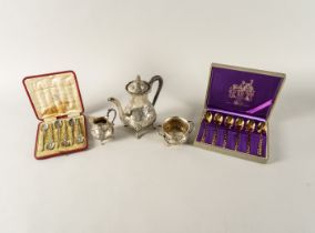 A GERMAN THREE PIECE COFFEE SET AND TWO SETS OF SIX TEASPOONS (5)