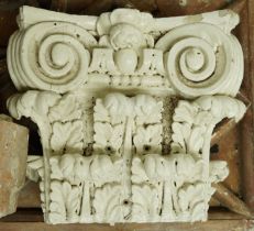 A GROUP OF MOULDED PLASTER ARCHITECTURAL PLAQUES AND ELEMENTS, TOGETHER WITH PAINTED WOOD...