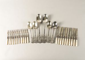 A PART SET OF SILVER AND MOTHER-OF-PEARL DESSERT OR FRUIT KNIVES AND FORKS AND SIX FURTHER ITEMS