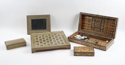 A GROUP OF KASHMIR BOXES, A GAMES BOARD AND PHOTOGRAPH FRAME (5)