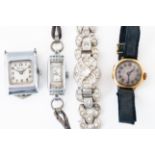 AN 18CT GOLD CIRCULAR CASED LADY'S WRISTWATCH AND THREE FURTHER WATCHES (4)